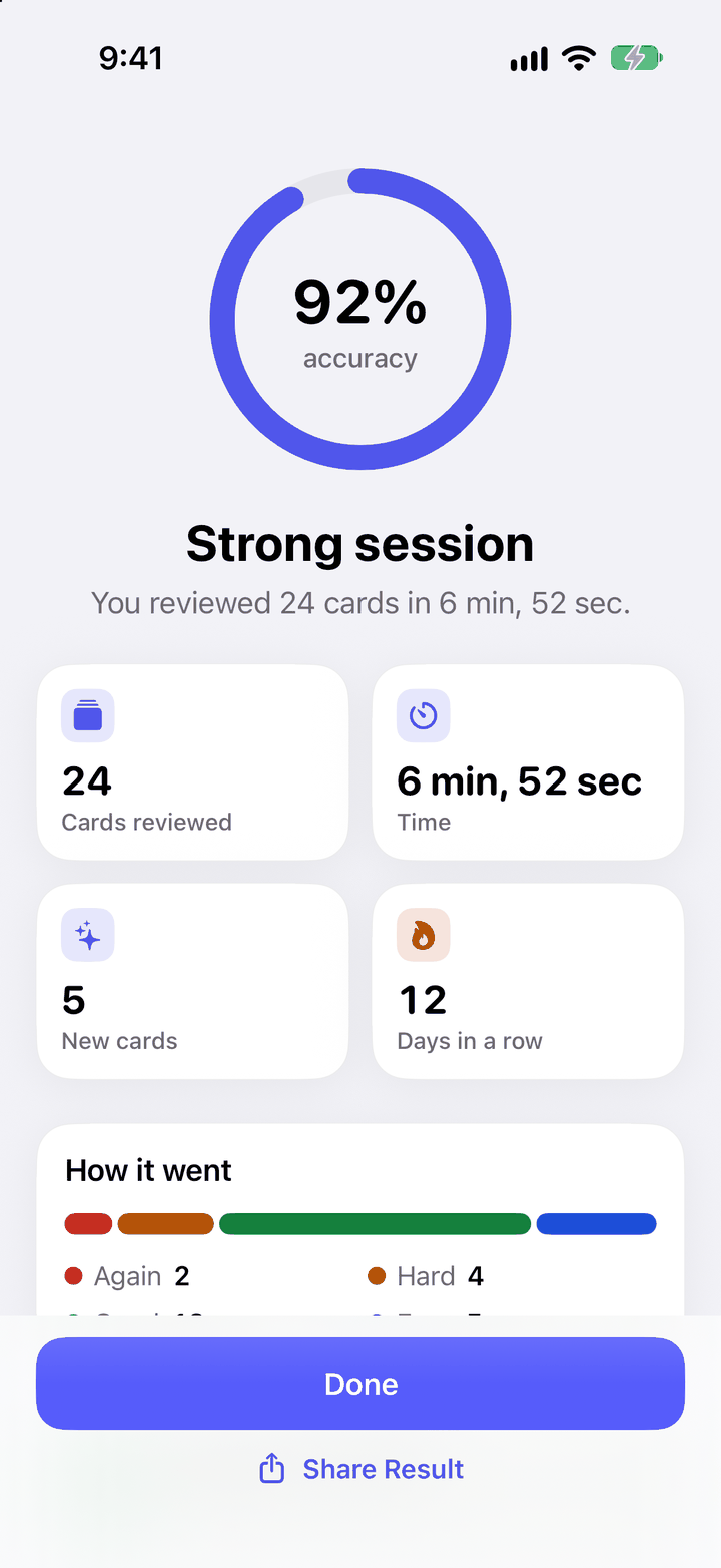 PhysicsRecall session summary at the end of a study session