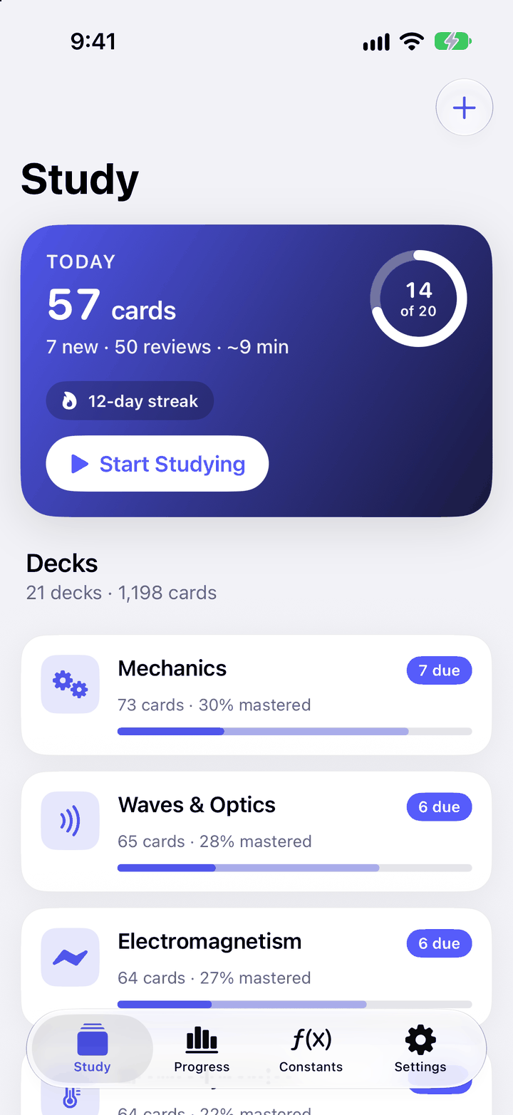 PhysicsRecall Today screen with the cards due, new cards, the study streak and progress toward the daily goal