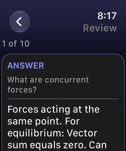 PhysicsRecall on Apple Watch reviewing a due card